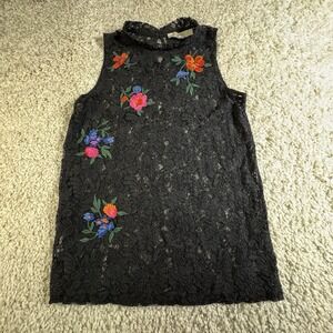 LOFT‎ Lace Top Size XS Black Embroidered Florals Mock Neck Sheer Sleeveless